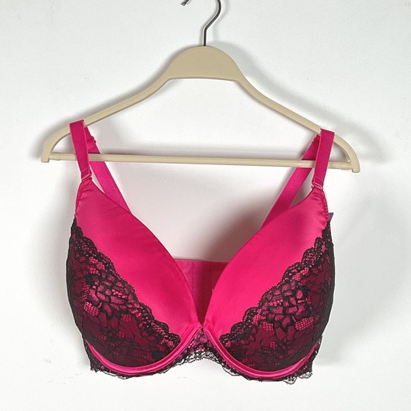 Cacique Plunge Push-Up Bra 40F Hot Pink Black Lace Convertible Straps New - Picture 1 of 9